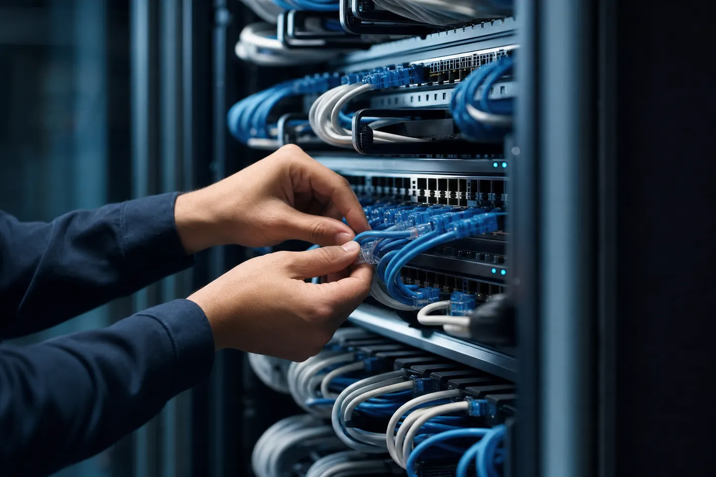 Network engineer configuring structured cabling in a server rack